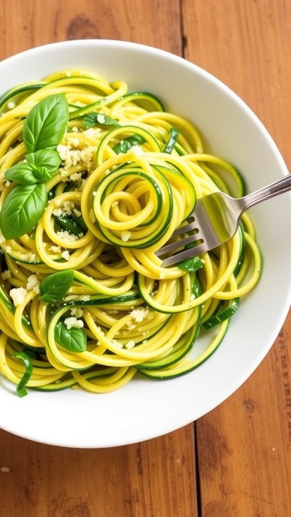 A bowl of zucchini noodles with garlic, olive oil, and Parmesan cheese, garnished with basil.